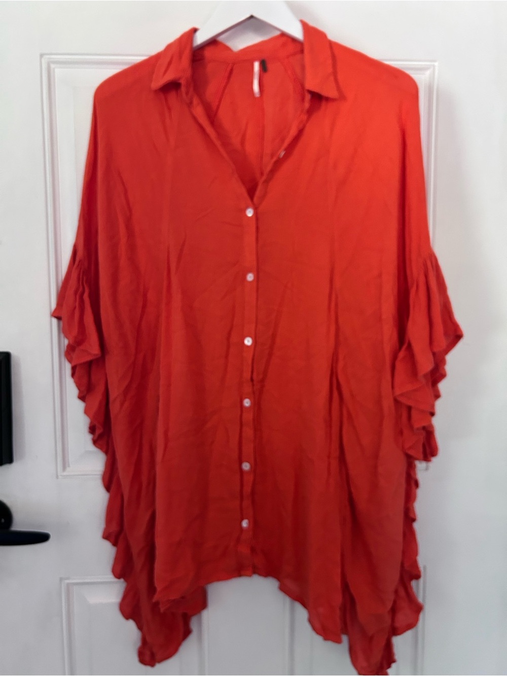Free People Orange Ruffle-Sleeve Button Tunic